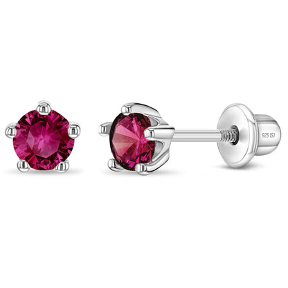 Sterling silver birthstone stud earrings for girls with screw backs featuring Ruby pink cubic zirconia for July.