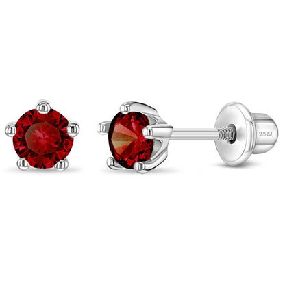 Sterling Silver Birthstone Stud Earrings for Girls with Screw Backs featuring garnet CZ for January