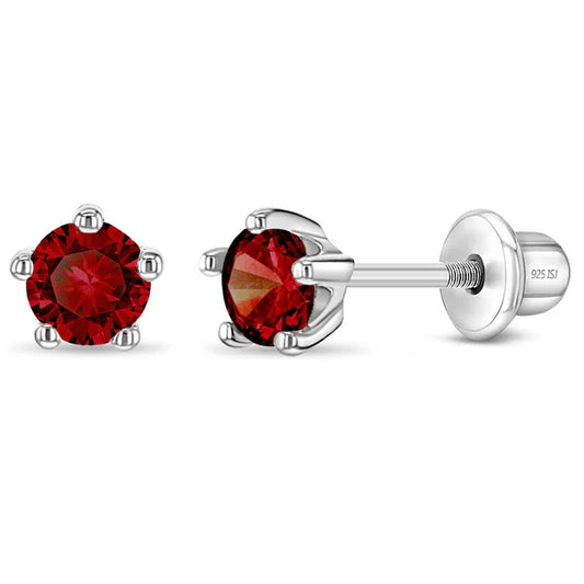 Sterling Silver Birthstone Stud Earrings for Girls with Screw Backs featuring garnet CZ for January