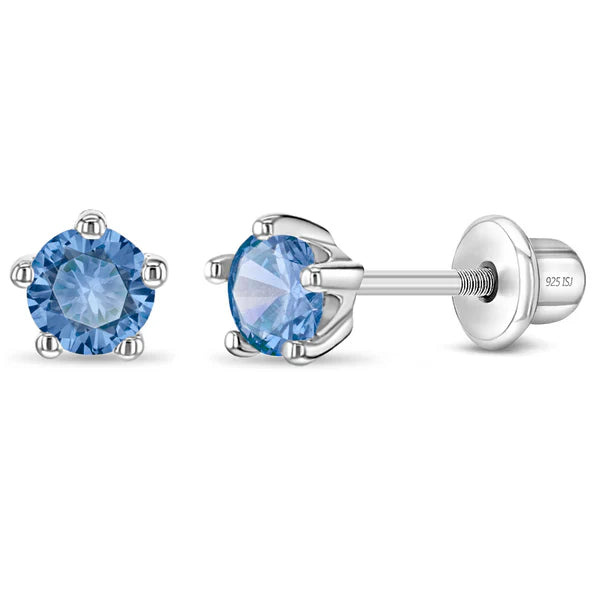 Sterling Silver Birthstone Stud Earrings for Girls with Screw Backs featuring Aquamarine cubic zirconia for March