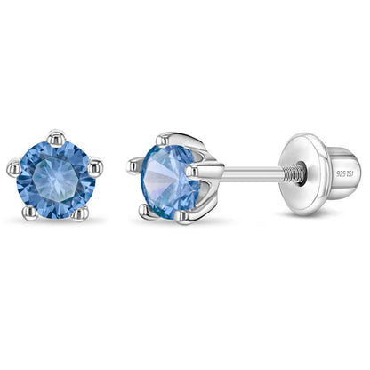 Sterling Silver Birthstone Stud Earrings for Girls with Screw Backs featuring Aquamarine cubic zirconia for March