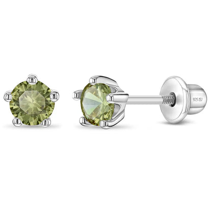 Sterling Silver Birthstone Stud Earrings for Girls with Screw Backs featuring peridot green cubic zirconia for August