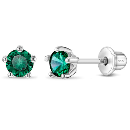 Sterling silver birthstone stud earrings featuring Emerald  green cubic zirconia (May birthstone) with secure screw backs for girls.