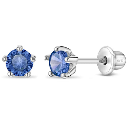 Sterling Silver Birthstone Stud Earrings for Girls with Screw Backs featuring Sapphire blue cubic zirconia for September