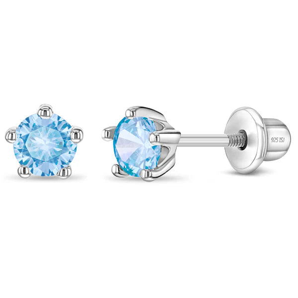 Sterling silver birthstone stud earrings for girls with blue topaz cubic zirconia (December birthstone) and screw backs.