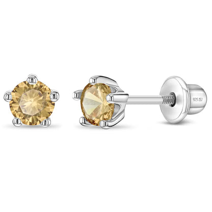 Sterling Silver Birthstone Stud Earrings for Girls with Screw Backs featuring yellow citrine cubic zirconia for November.