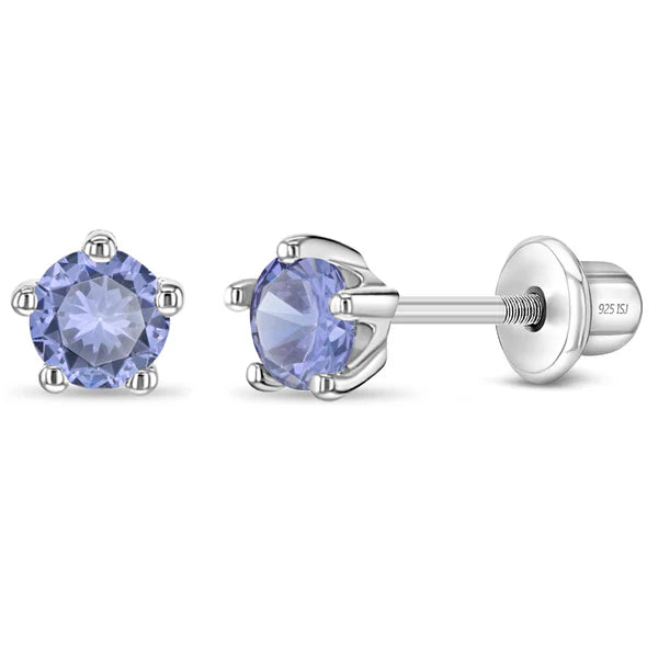 Sterling Silver Birthstone Stud Earrings for Girls with Screw Backs, featuring sparkling lavender cubic zirconia - representing Alexandrite for June