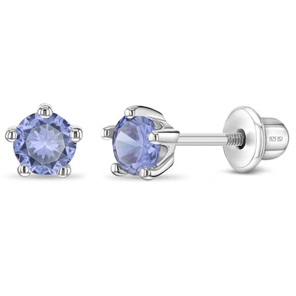 Sterling Silver Birthstone Stud Earrings for Girls with Screw Backs, featuring sparkling lavender cubic zirconia - representing Alexandrite for June