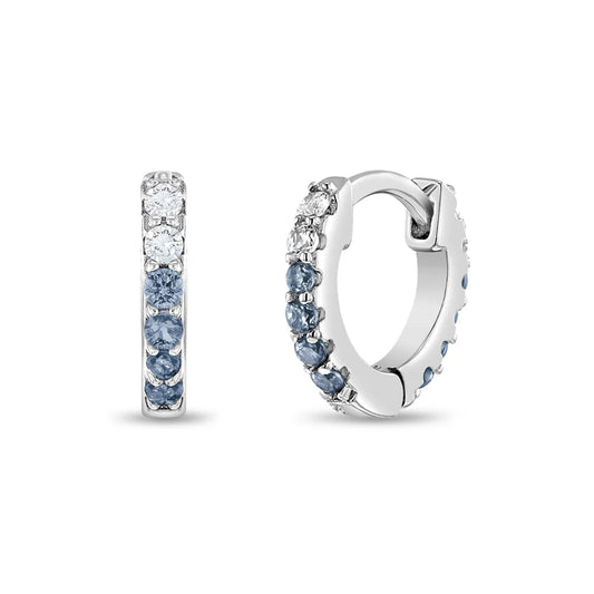 Children's earrings: Sterling silver paved CZ huggie hoops with blue stones, perfect for kids and teens.
