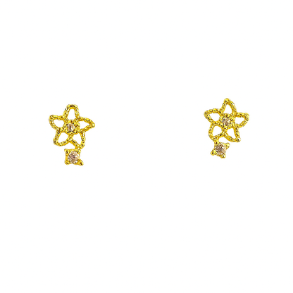 Pair of delicate gold star-shaped stud earrings on a white background, each featuring a textured open-star design set with clear cubic zirconia and a small square-cut cubic zirconia detail soldered at the base.