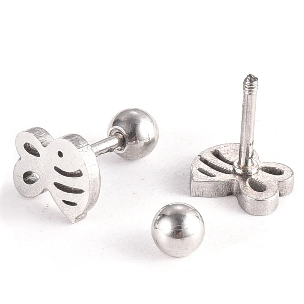 silver steel bee studs with ball shaped screw backs on a white background