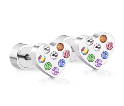 Heart-shaped earrings with colorful gemstones on a white background