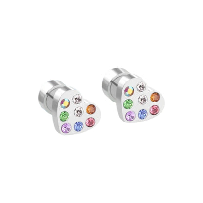 Pair of silver earrings with multicolored gemstones on a white background