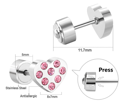 Heart-shaped earrings with pink gemstones and measurement details on a white background