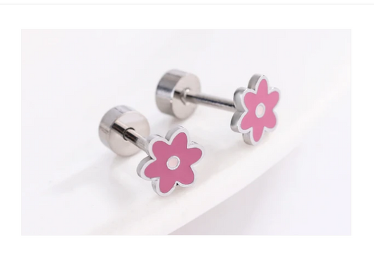A pair of surgical steel children's earrings featuring pink flower designs with screw backs.