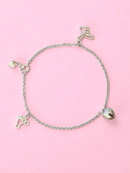 Sterling silver children's anklet with hand, foot and heart charms - girls jewellery ages 3-9