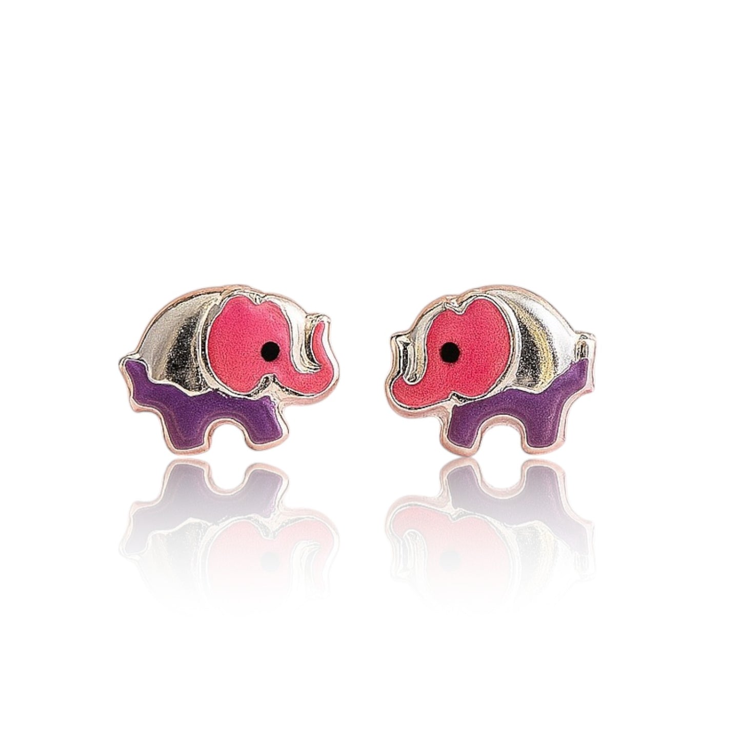 Pink elephant earrings with purple trunks on a white background