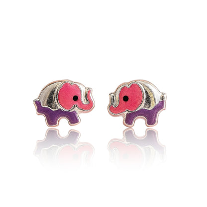 Pink elephant earrings with purple trunks on a white background