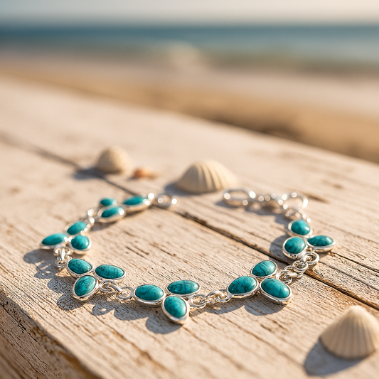 Turquoise bracelet on a wooden surface with shells, against a blurred beach background