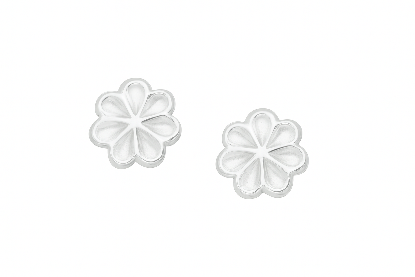Pair of silver flower-shaped earrings on a white background