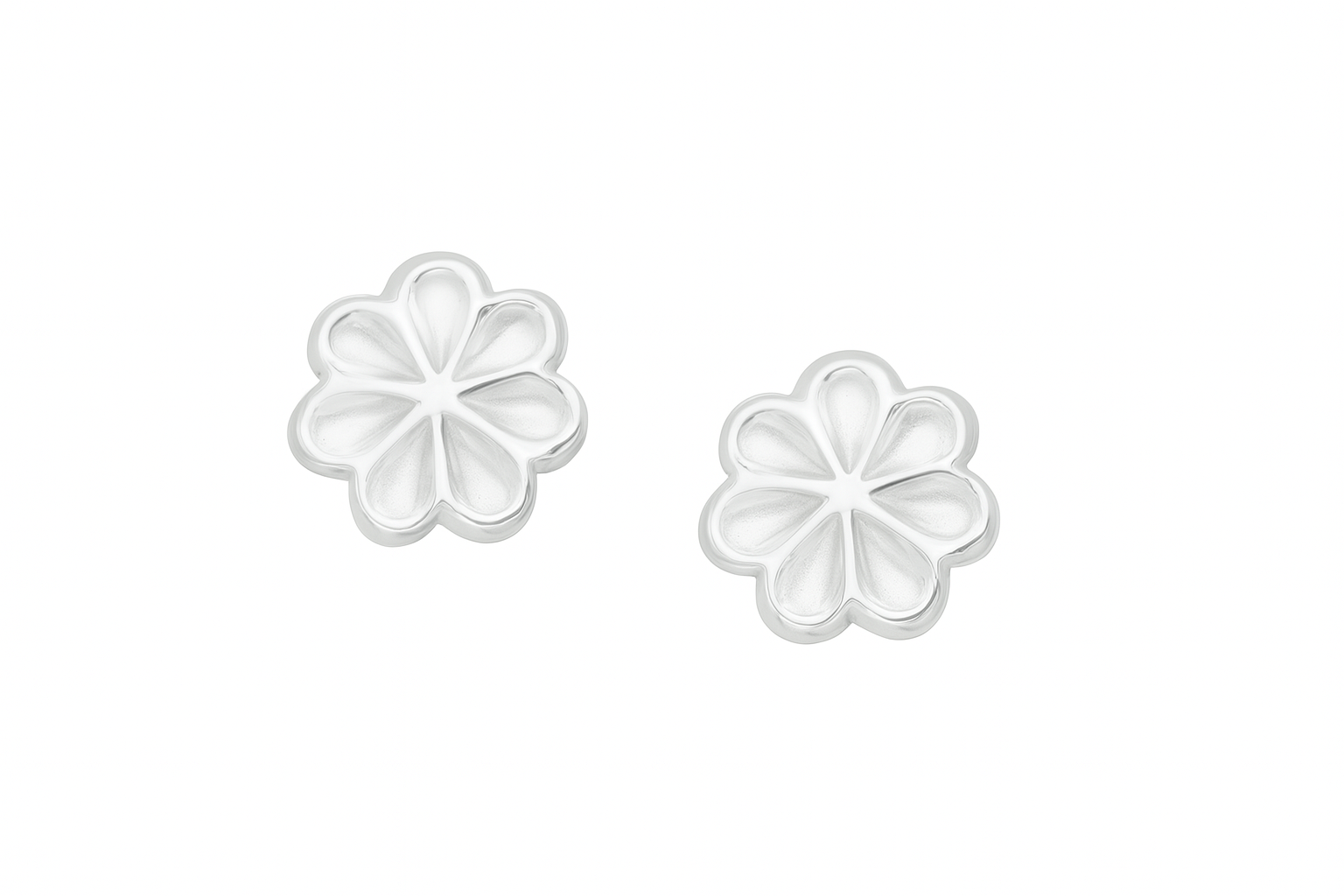 Pair of silver flower-shaped earrings on a white background