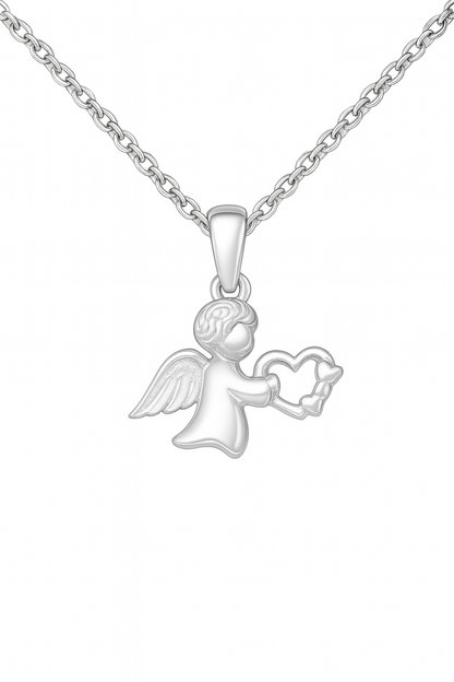 Sterling silver pendant necklace on a white background; the pendant is a stylized angel figure with detailed wings and hair, holding an open‑heart charm, suspended from a delicate oval‑link silver chain.