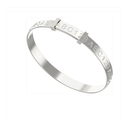 Sterling silver adjustable bangle with 'ABC 123' embossed on the front, designed for babies and toddlers.