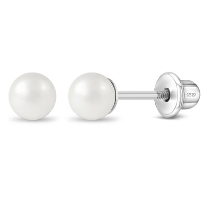 A set of white pearl stud earrings displayed on a white background: one shown front‑on as a simple round pearl, a second in profile revealing its smooth pearl mounted on a straight post, and a third showing the full threaded post with a sterling silver screw‑back