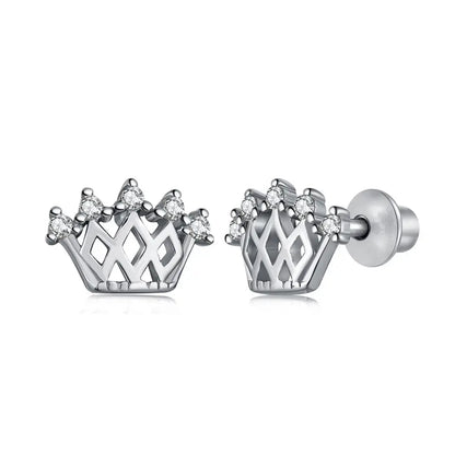 A pair of sterling silver crown-shaped earrings with clear cubic zirconia stones, designed with screw back closures.