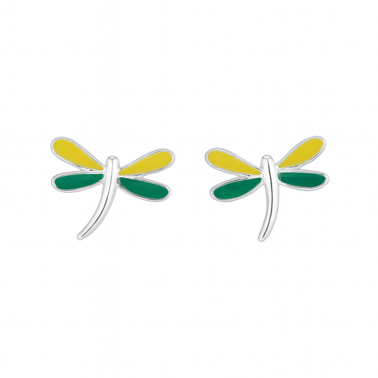 Dragonfly-shaped earrings with green and yellow wings on a white background