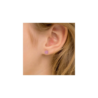 Baby girl wearing a small 925 sterling silver pink flower stud earring with screw back closure, hypoallergenic design for infants, toddlers, and kids.