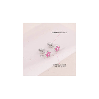 925 sterling silver pink enamel flower stud earrings with 6mm screw back design, featuring safety screw backs and hypoallergenic sterling silver for baby girls and children