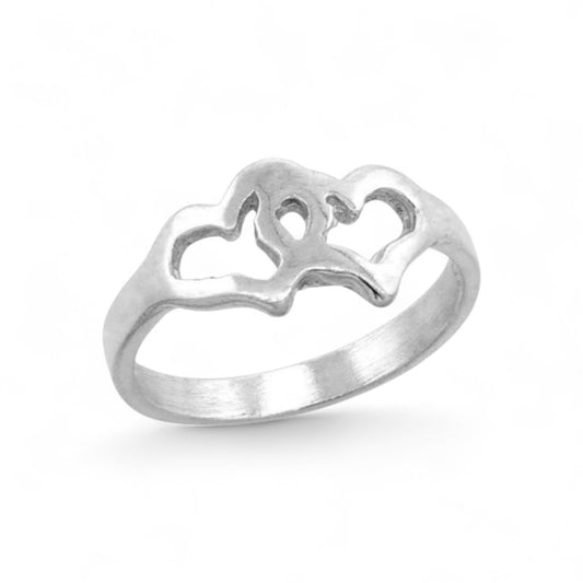 A sterling silver ring with a design of two linked hearts on a white background