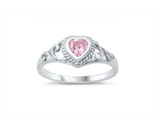 Sterling silver ring with a baby pink CZ heart set in a scroll setting, designed for children.