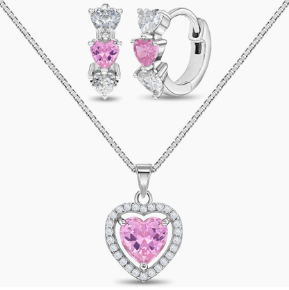 Sterling silver pink heart pendant necklace and matching earrings for girls