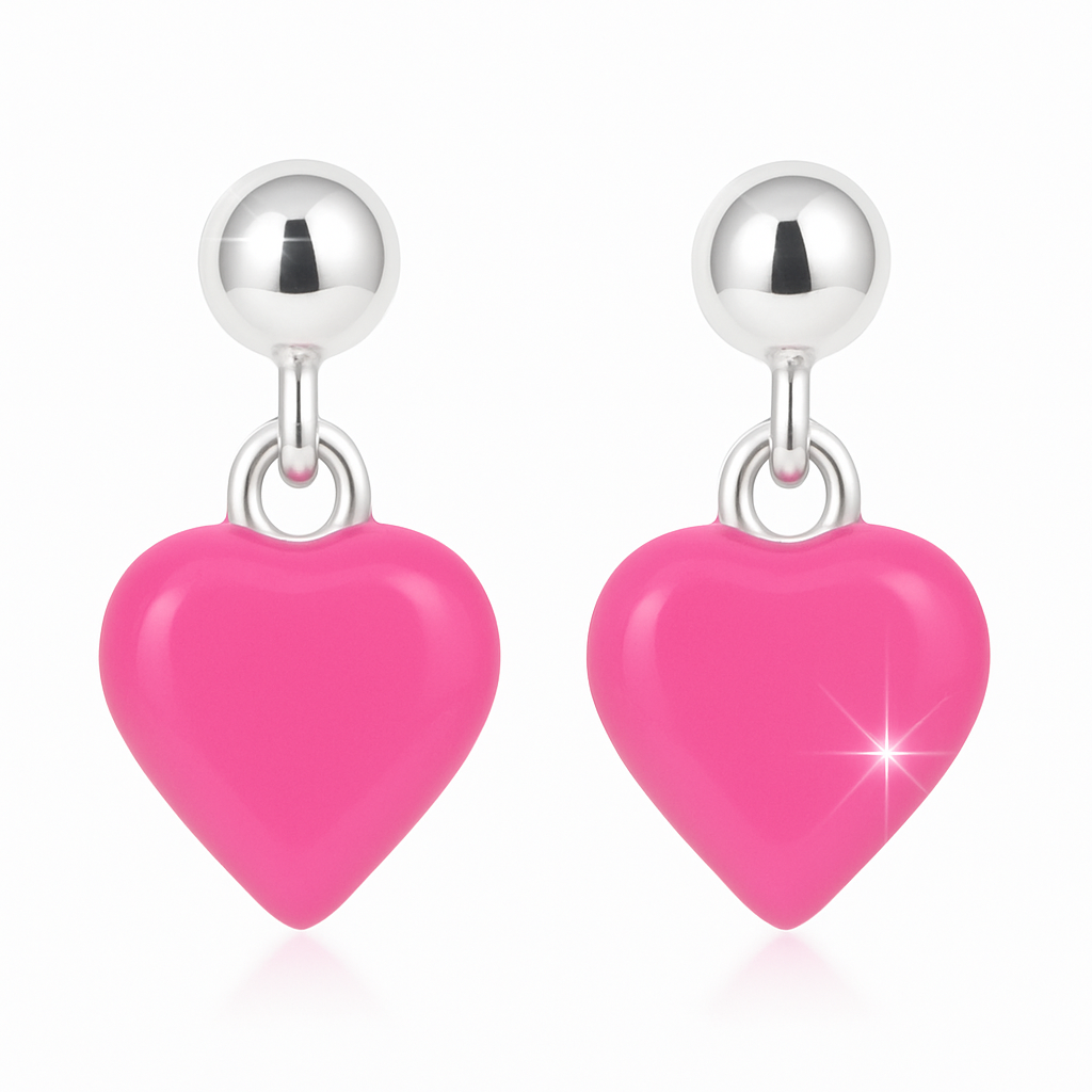 Pink heart-shaped earrings with silver beads on a white background