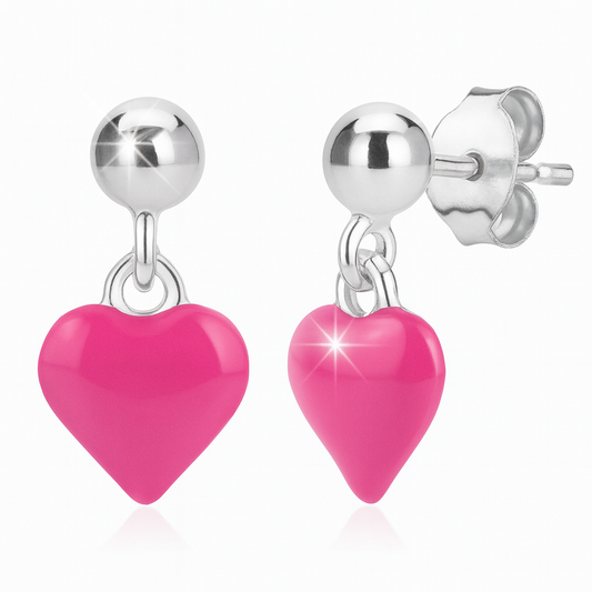 Silver earrings with pink heart charms on a white background