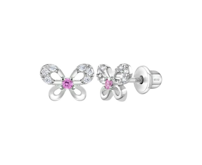 Sterling silver petite jewelled butterfly earrings with pink and clear stones