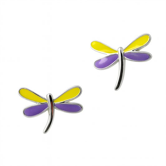 Dragonfly-shaped earrings with yellow and purple wings on a white background