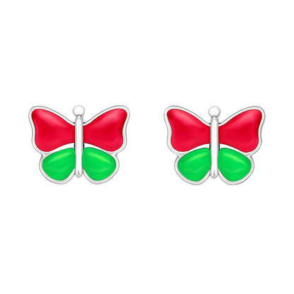 Butterfly-shaped earrings with red and green wings on a white background