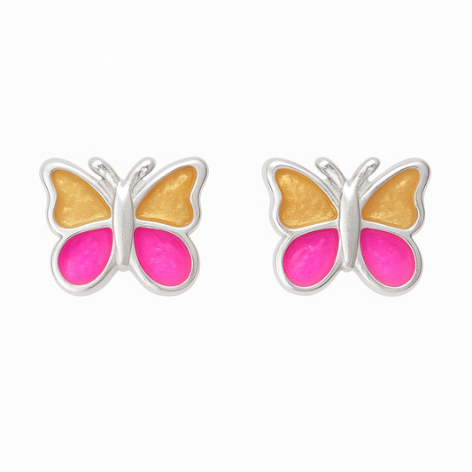 Butterfly earrings featuring vibrant pink and gold enamel, crafted from 925 sterling silver for stylish, comfortable wear.