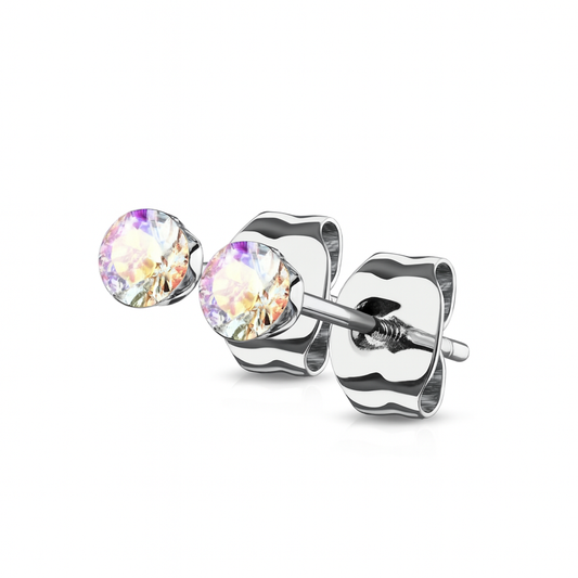 Silver surgical steel stud earrings with sparkling 4mm aurora borealis cubic zirconia on a white background