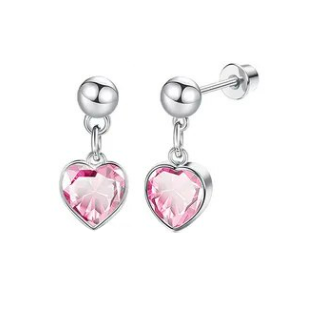 A pair of hypoallergenic surgical steel earrings featuring pink cubic zirconia heart dangles with screw backs.