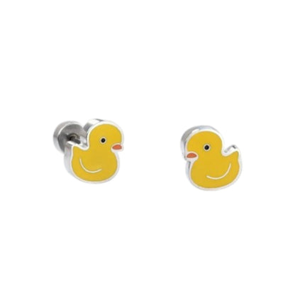 A pair of yellow duck-shaped children's earrings with screw back closures, placed against a white background.
