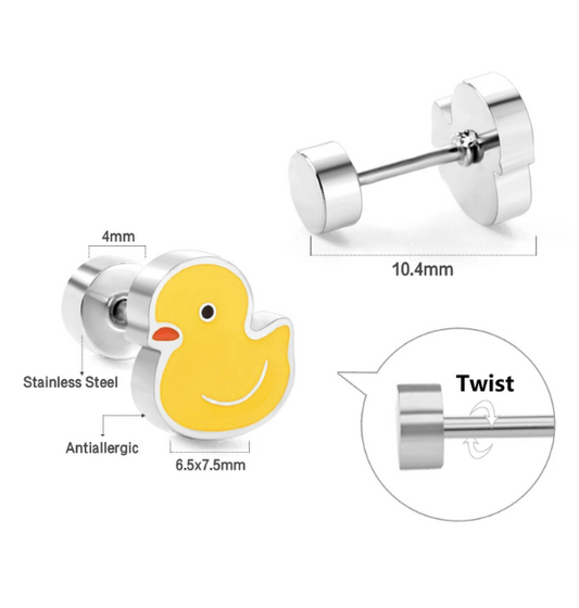 Diagram of surgical-steel duckling stud earrings on a white background. The front view shows a yellow enamel duck measuring 6.5 × 7.5 mm mounted on a 4 mm stainless-steel post labelled ‘Antiallergic.’ A side view indicates a total post-to-back length of 10.4 mm. A circular inset illustrates the twist-off screw-back closure