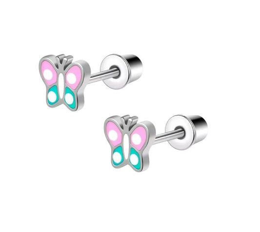 Butterfly-shaped earrings with pink and blue centers on a white background