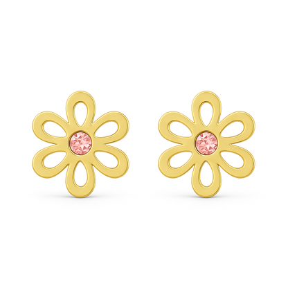 Gold flower-shaped earrings with pink centers on a white background