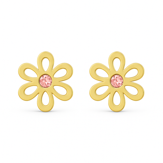 Gold flower-shaped earrings with pink centers on a white background