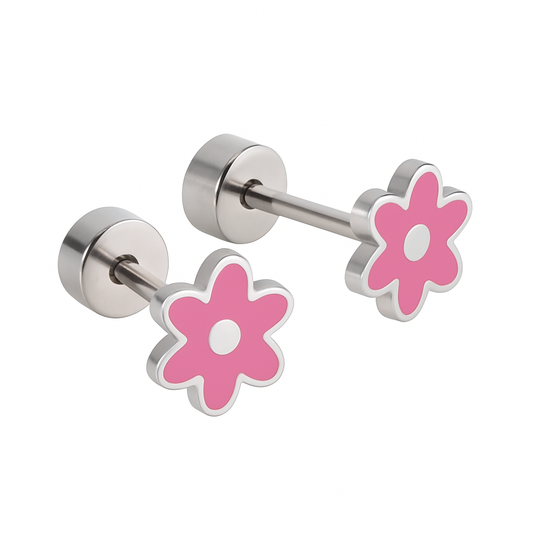 Pair of pink flower-shaped earrings on a white background