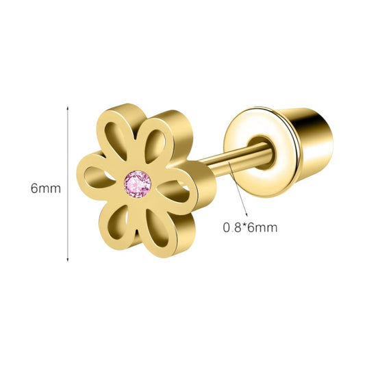 Gold flower-shaped earring with a pink gemstone on a white background